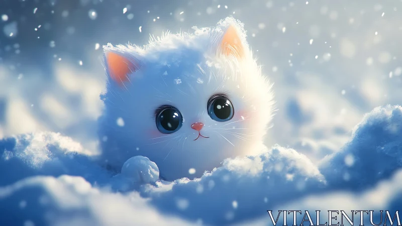 White fluffy cat with large blue eyes floating among clouds and snowflakes