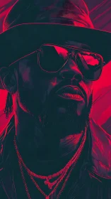 Neon noir icon in crimson shadows and mirrored swagger.