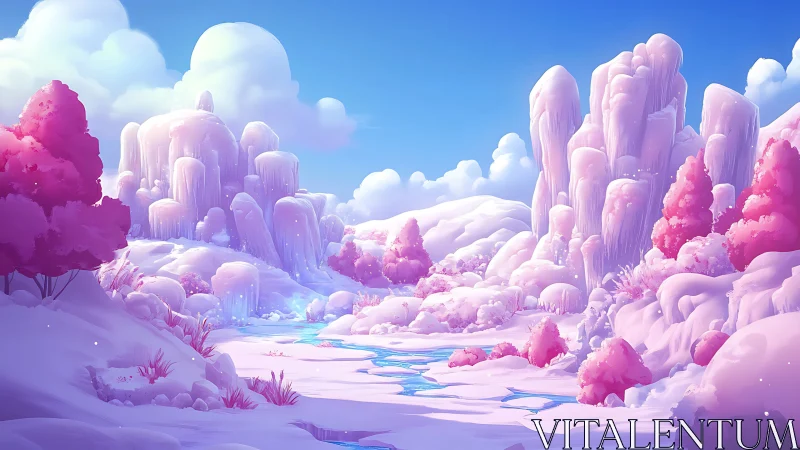 Candyfloss glaciers drift through a pastel winter dream.