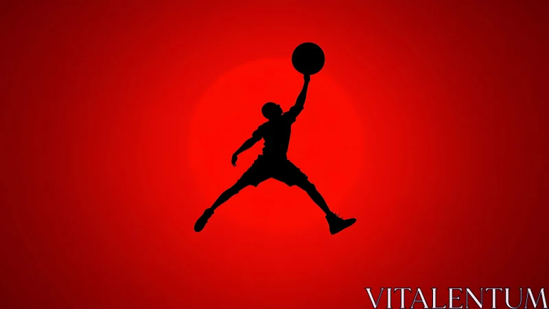 Silhouette of jumping basketball player on red background.