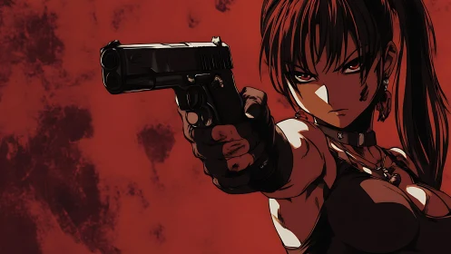 Female anime gun wielder points handgun toward viewer
