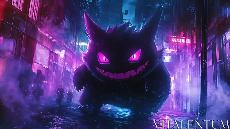 Playful neon ghost creature prowling a moody city alley.