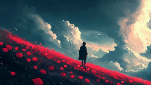 Solitary figure overlooking crimson poppy hillside at dusk.