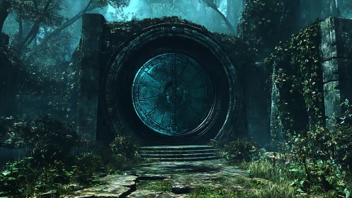 Abandoned circular portal door embedded in overgrown stone ruins