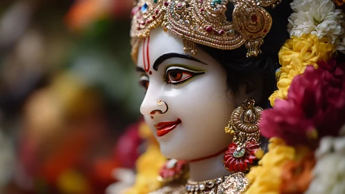 Close-up devotional idol portrait with ornate gold jewelry.