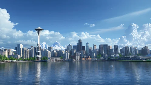 Seattle skyline panorama with bay reflections at midday light.