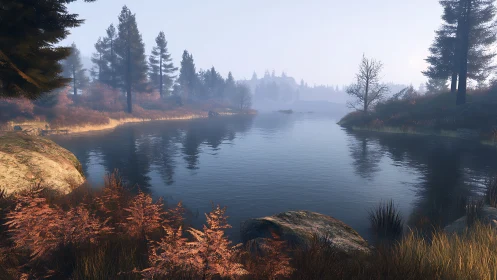 Gentle misty lakeside morning wrapped in soft autumn calm.