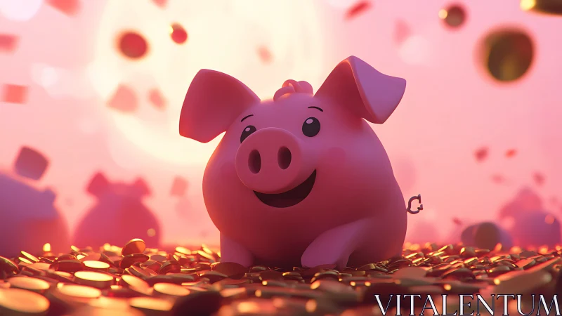 Smiling pink piggy bank sits on golden coin pile