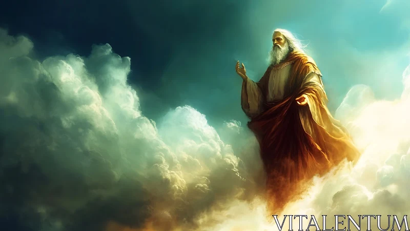 Elderly robed figure standing among dense illuminated clouds.