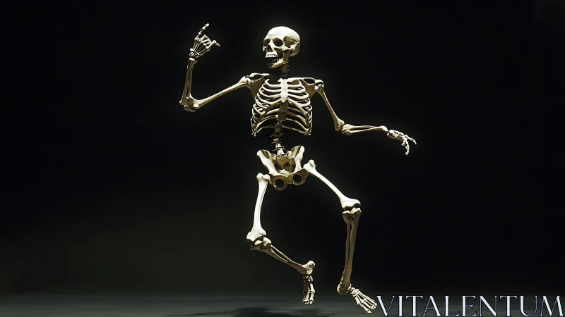 Dancing human skeleton under dramatic studio spotlight.