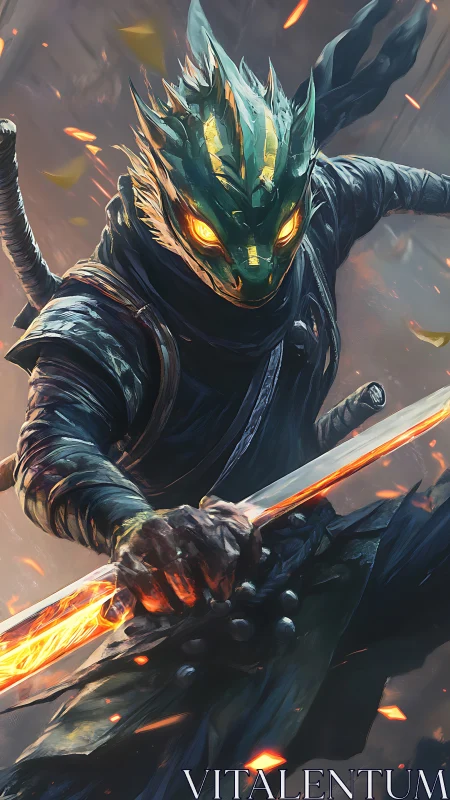 Fiery-eyed dragon warrior leaping forward with blazing sword.