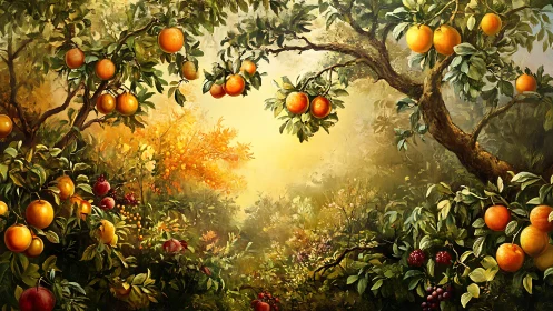 Sunlit orchard grove glowing with ripe, golden fruit.