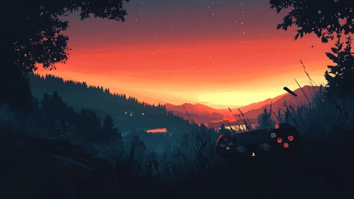 Game controller lying in grass before stylized sunset valley