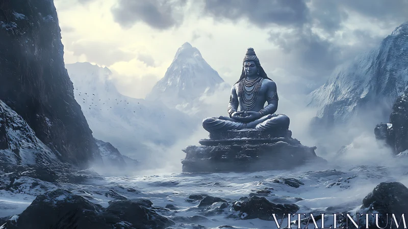 Large meditative statue in snow-covered high mountain pass.