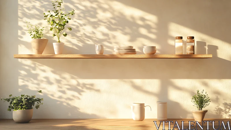 Sunlit wooden shelf with ceramics and potted greenery in soft focus