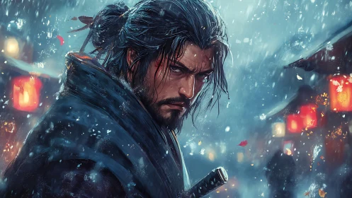 Brooding samurai warrior amid snow and lantern glow at dusk.