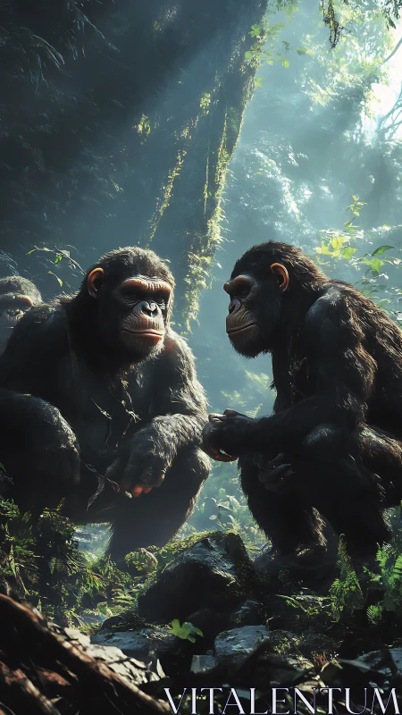 Forest council of chimpanzees in shards of misty sunlight.