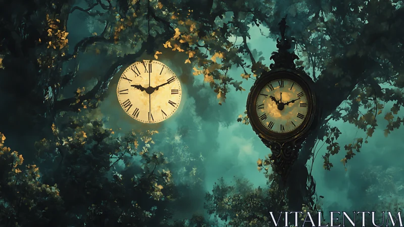 Twin antique clocks glow within dense teal forest haze