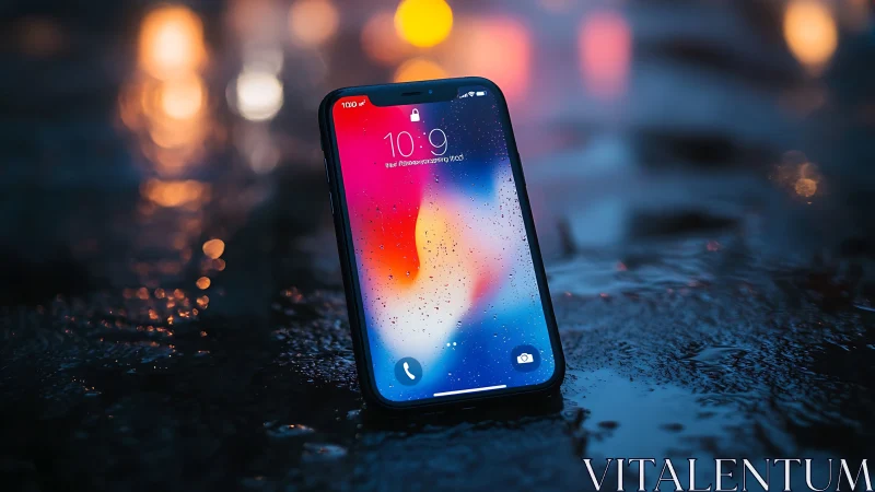 Smartphone with colorful gradient wallpaper on wet surface.