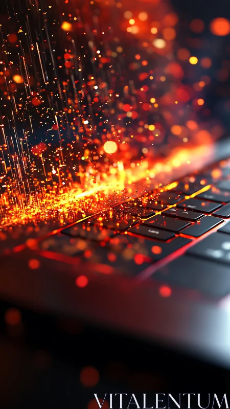 Keyboard forges data sparks while digital embers cascade