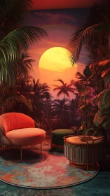 Interior lounge with tropical mural and sunset backdrop.