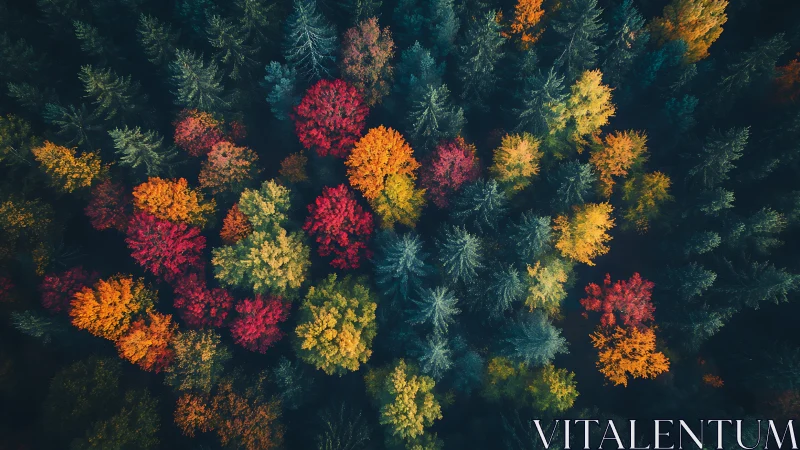 Overhead view of mixed forest canopy in autumn period.