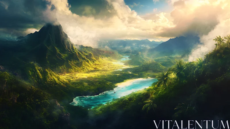 Emerald valley lagoon under stormlit tropical mountains.