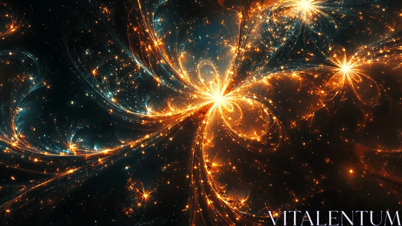 Stellar fireflowers bloom across a swirling cosmic garden.