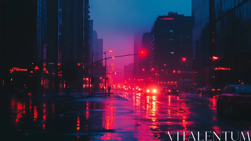 Neon rainlit city street glowing through deep blue dusk.