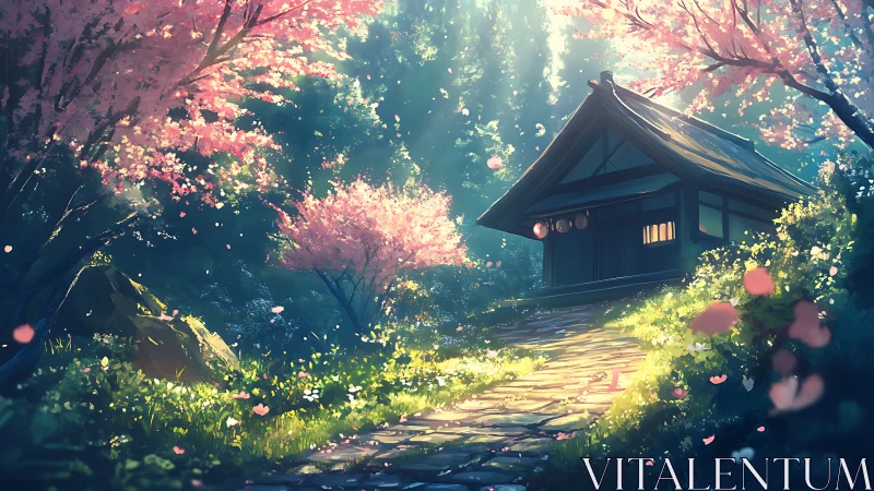 Sunlit sakura garden leads toward secluded Japanese teahouse