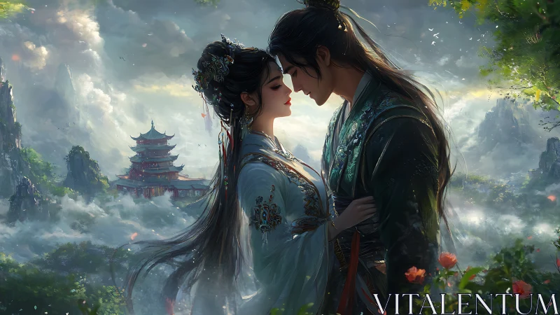 Ethereal Romance: Two Figures in Flowing Robes Against Misty Asian Landscape