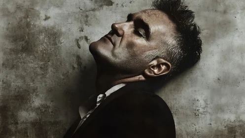 Moody side-profile portrait against weathered concrete wall.