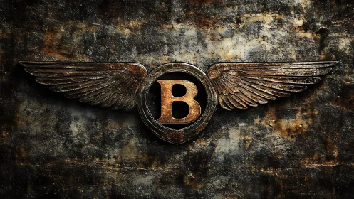 Winged metallic B emblem is centered on corroded metal wall