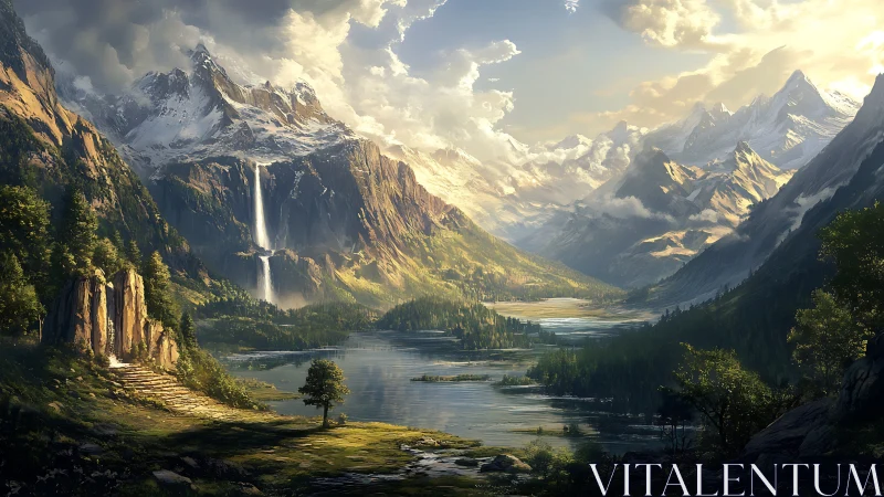 Sunlit alpine valley with lakes, forest, and waterfalls.