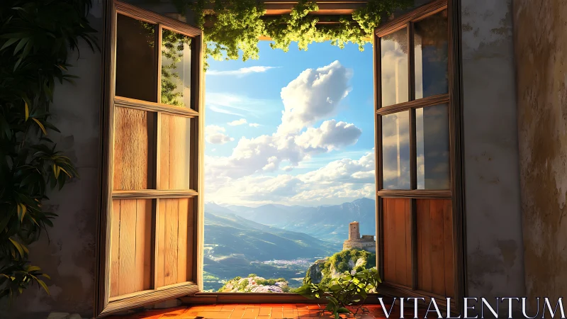 Open wooden balcony window frames sunlit valley and distant castle