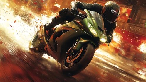 Superbike rider powers through neon city rainstorm curve.