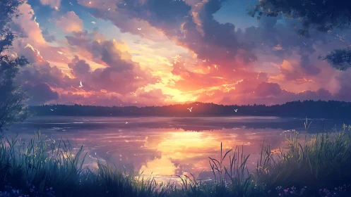 Sunset light reflects across tranquil lakeside horizon