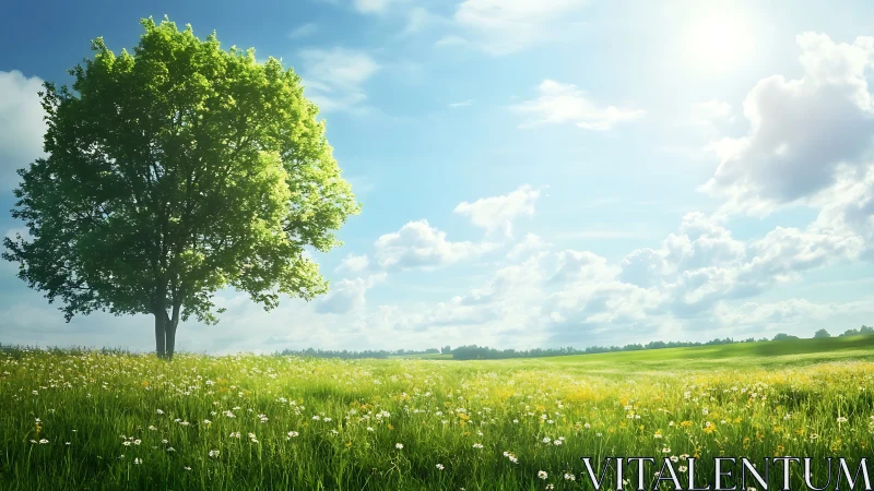Solitary summer tree over wildflower meadow under sunlit sky.