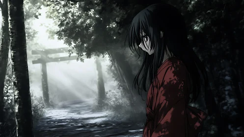 Soft sunlight follows a quiet girl along a forest shrine path