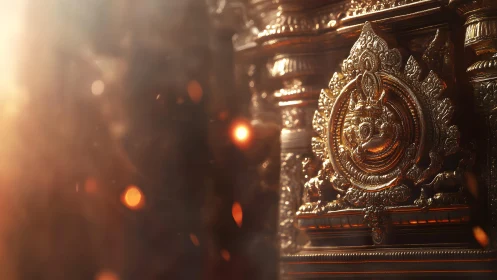 Ornate golden temple carving with radiant sunlight, cinematic style.