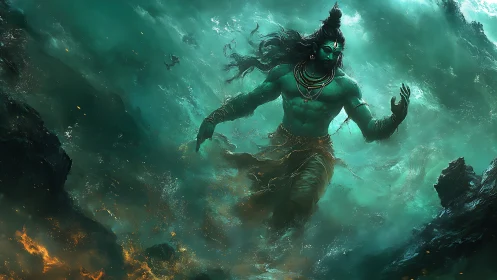 Mythic warrior figure strides through turbulent ocean storm.