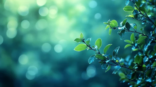 Dewy green leaves on branch in dreamy bokeh forest background.
