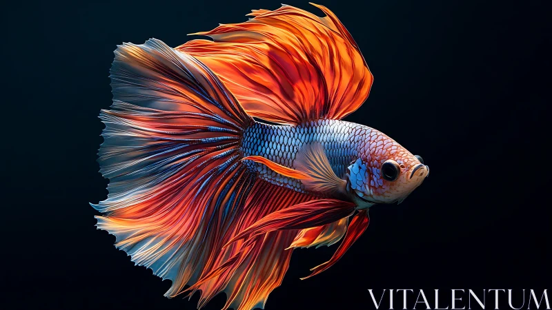 Radiant betta fish glides through deep shadowed water.