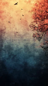 Autumn tree silhouettes rise against textured dusk sky