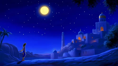 Digital painting of moonlit desert citadel in deep blue palette.