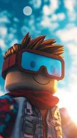 Stylized Lego explorer portrait in cinematic sunrise light.