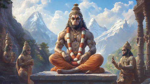 Serene Hanuman meditation radiates strength in sacred mountains