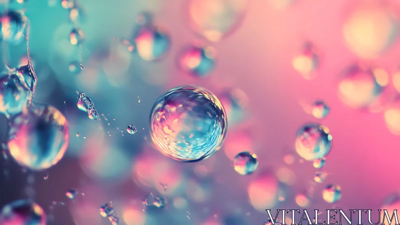 Suspended liquid droplets against defocused bokeh background.