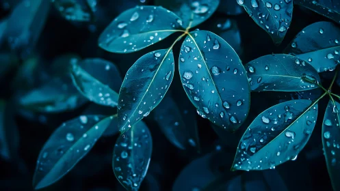 Close-up foliage with water droplets on dark background.