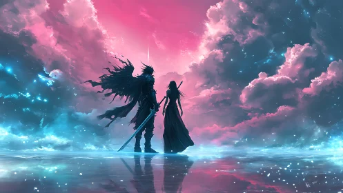 Two fantasy warriors under vivid pink and blue sky.